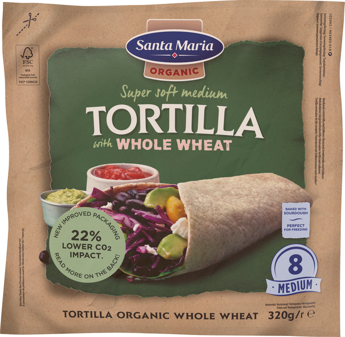 verpakking met 8 organic whole wheat tortilla's