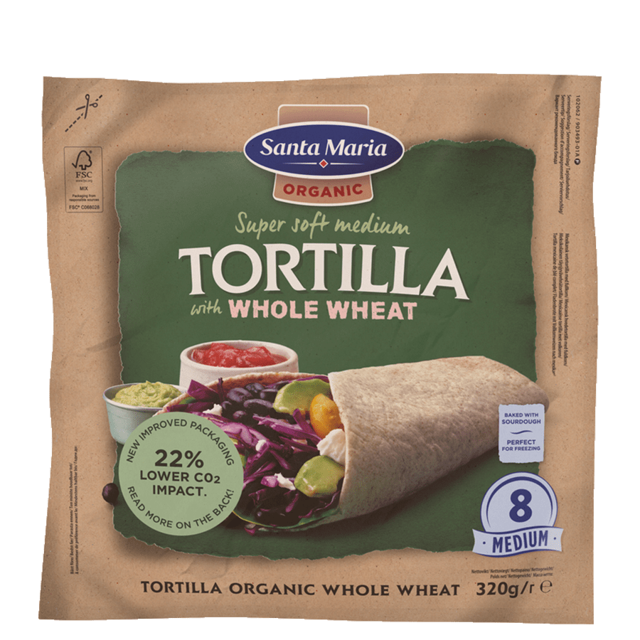 Packet with eight organic whole wheat tortillas