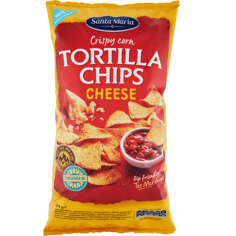 En stor påse tortilla chips med ostsmak