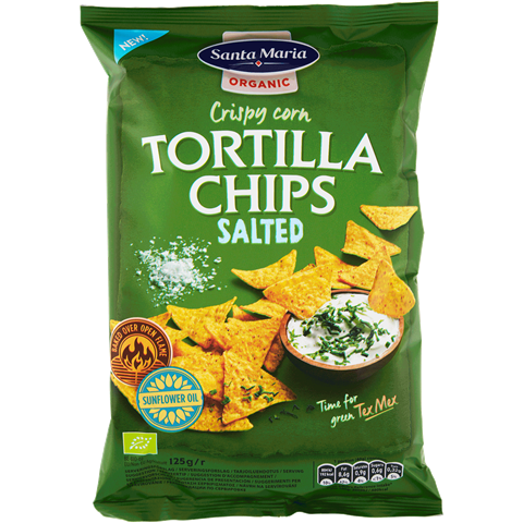 En påse med ekologiska lättsaltade tortilla chips.